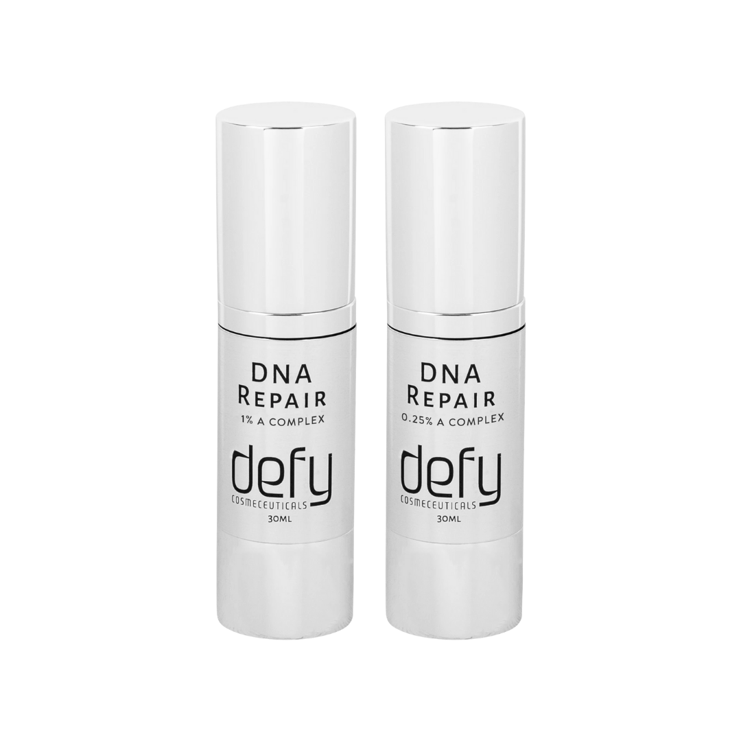2 bottles of DNA Repair. 1 bottle has 1% A Complex, 1 bottle has .25% A Complex. Defy Cosmeceuticals available at Beauty on Rose, Essendon, Melbourne, Australia.