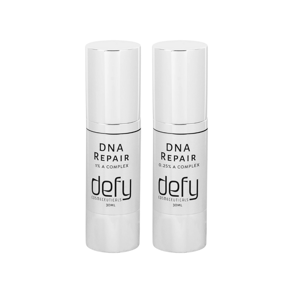 2 bottles of DNA Repair. 1 bottle has 1% A Complex, 1 bottle has .25% A Complex. Defy Cosmeceuticals available at Beauty on Rose, Essendon, Melbourne, Australia.