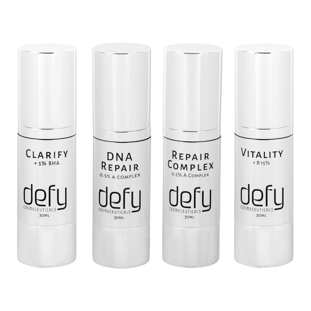 4 bottles of 30ml each. 1 bottle Clarify, 1 bottle DNA Repair, 1 bottle Repair Complex, 1 bottle Vitality. Defy Cosmeceuticals available at Beauty on Rose, Essendon, Melbourne, Australia.
